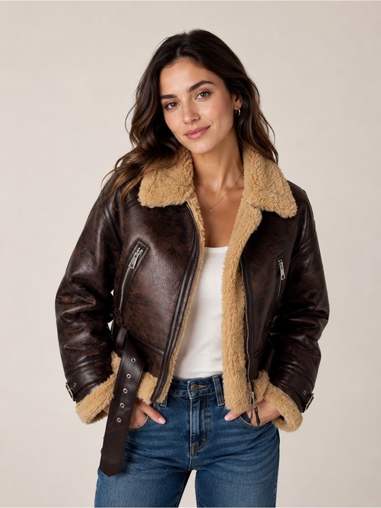 Zara Jackets & Blazers - ZARA Faux Shearling Aviator Jacket
Size XS Brown Faux Leather Sherpa Moto Jacket